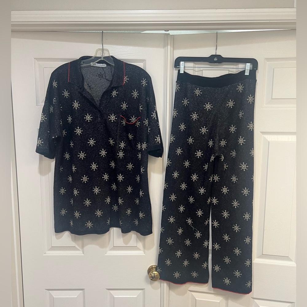 Zara Sparkly Nautical Short Sleeve Polo Style Top and pull-on stretch pants